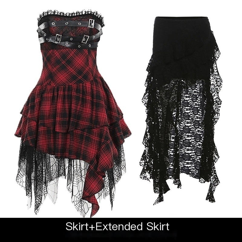 REDDACHIC_Asymmetrical_Plaid_Goth_Punk_Black_Red_Women'S_Lace_Strapless_Maxi_Dresses_MISSTT