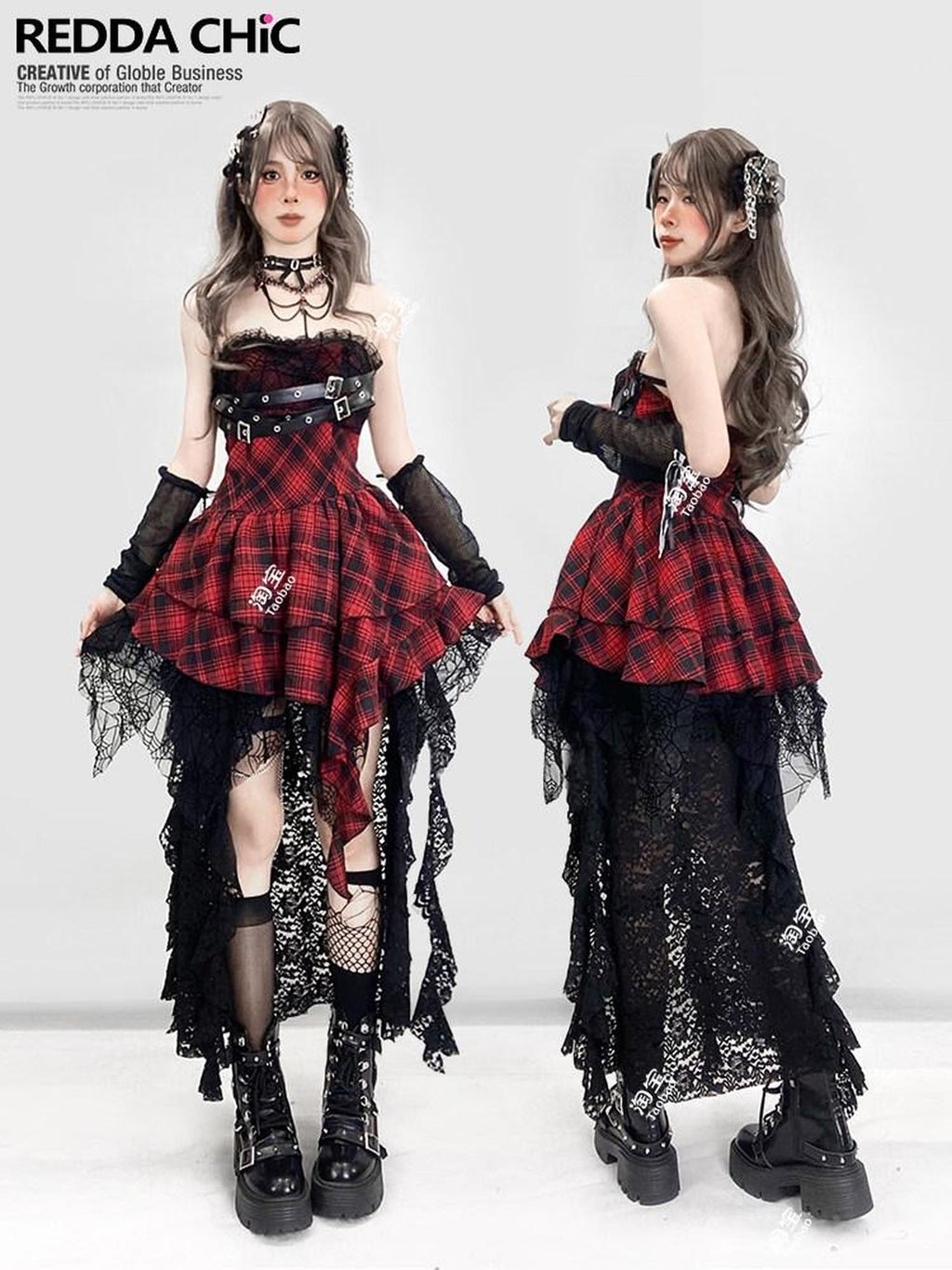 REDDACHIC Asymmetrical Plaid Goth Punk Black Red Women'S Lace Strapless Maxi Dresses