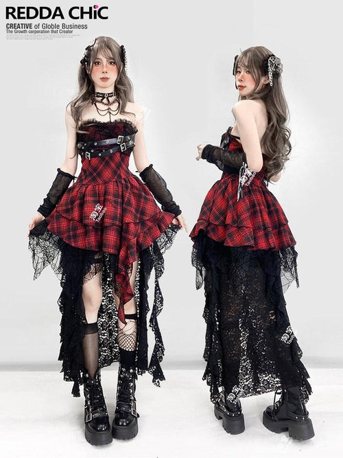 REDDACHIC Asymmetrical Plaid Goth Punk Black Red Women'S Lace Strapless Maxi Dresses