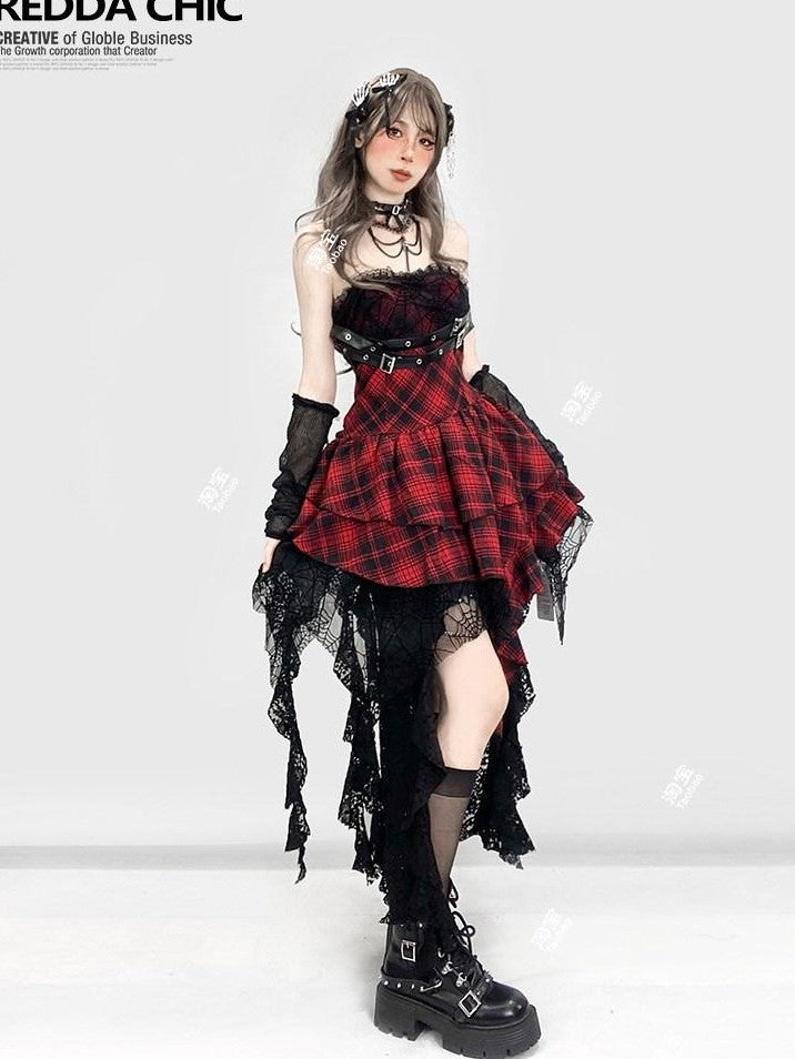 REDDACHIC Asymmetrical Plaid Goth Punk Black Red Women'S Lace Strapless Maxi Dresses