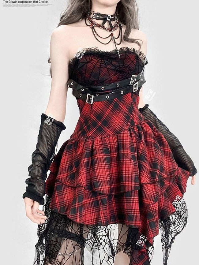 REDDACHIC Asymmetrical Plaid Goth Punk Black Red Women'S Lace Strapless Maxi Dresses