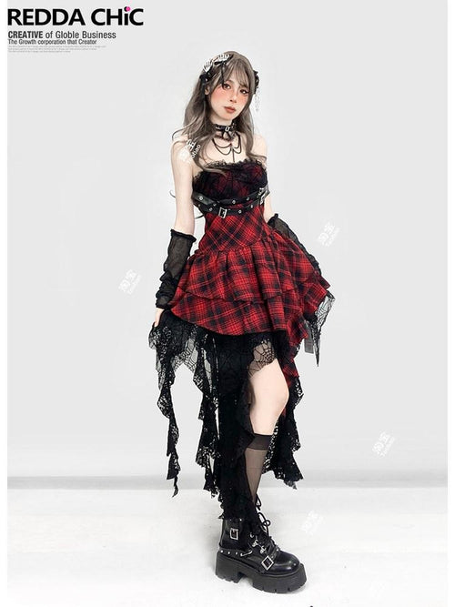 REDDACHIC Asymmetrical Plaid Goth Punk Black Red Women'S Lace Strapless Maxi Dresses