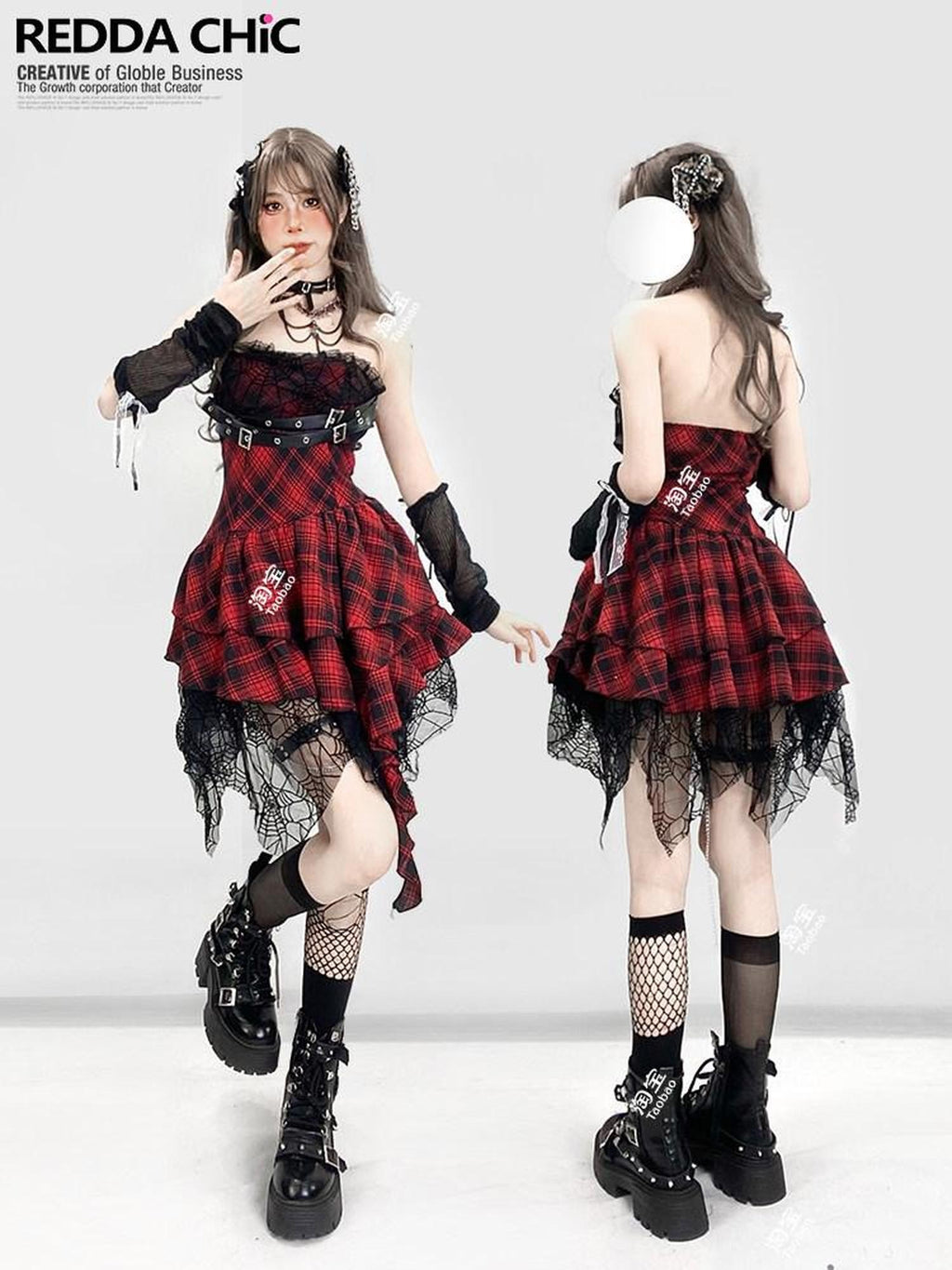 REDDACHIC Asymmetrical Plaid Goth Punk Black Red Women'S Lace Strapless Maxi Dresses