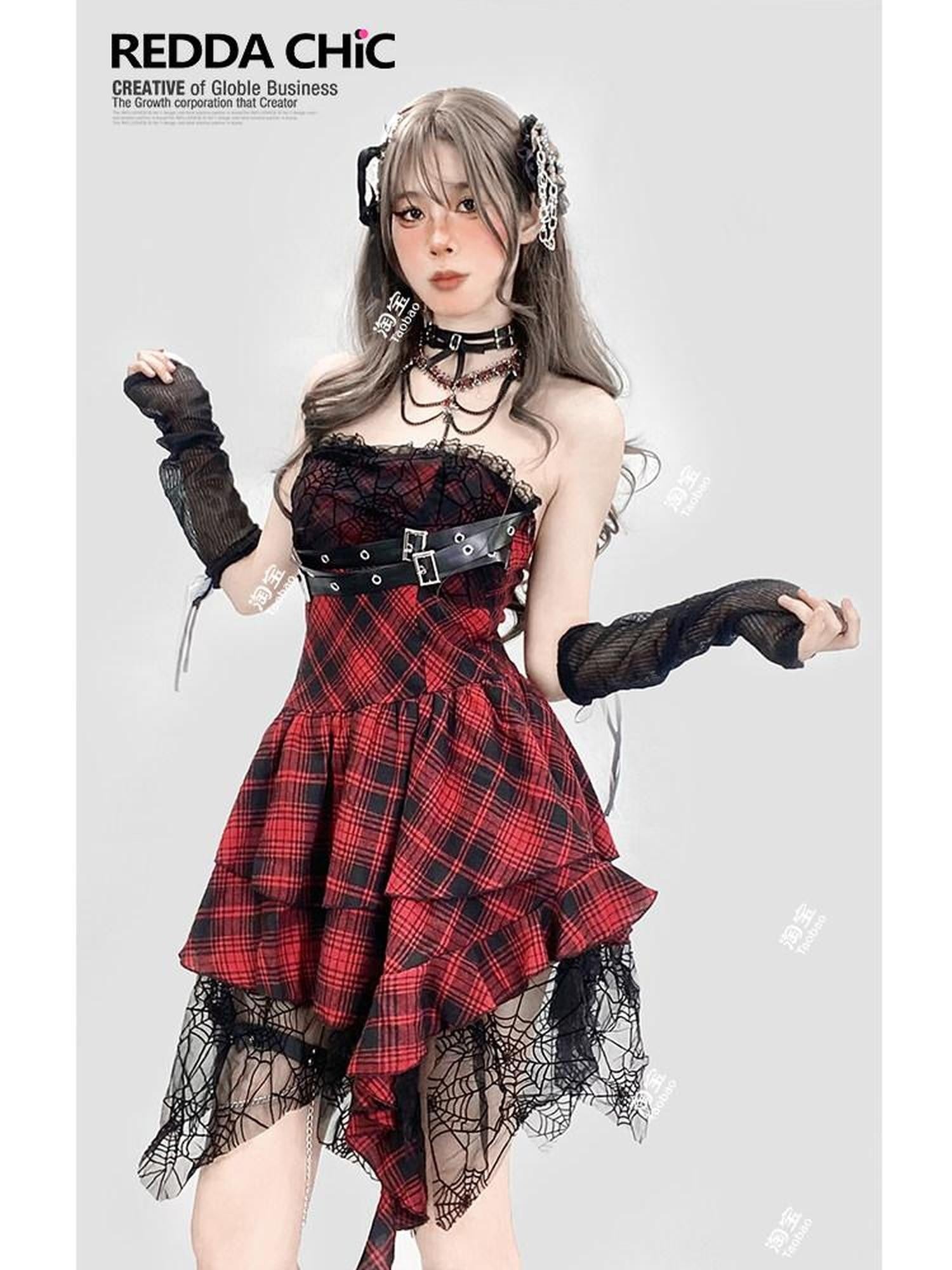 REDDACHIC Asymmetrical Plaid Goth Punk Black Red Women'S Lace Strapless Maxi Dresses