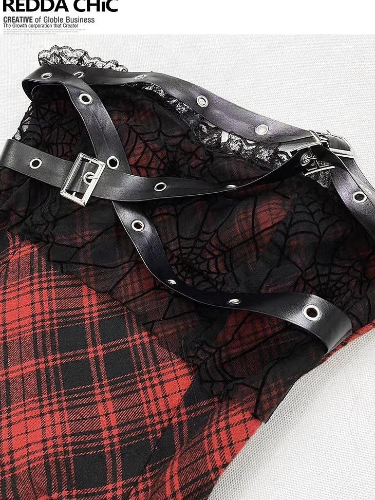 REDDACHIC Asymmetrical Plaid Goth Punk Black Red Women'S Lace Strapless Maxi Dresses