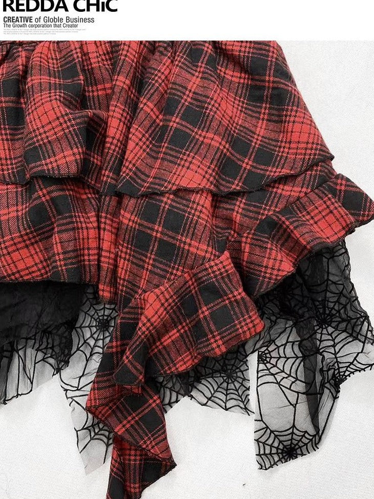 REDDACHIC Asymmetrical Plaid Goth Punk Black Red Women'S Lace Strapless Maxi Dresses