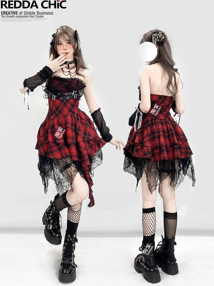 REDDACHIC Asymmetrical Plaid Goth Punk Black Red Women'S Lace Strapless Maxi Dresses