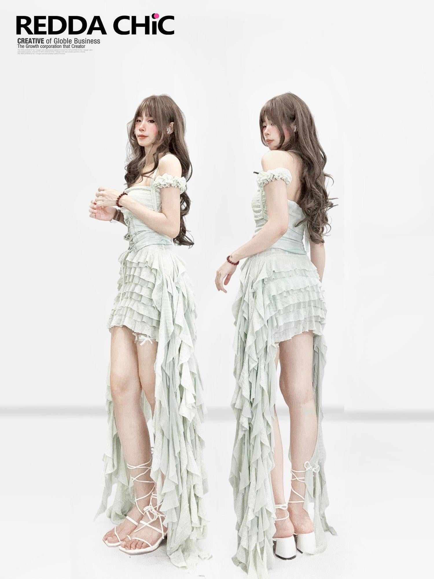 REDDACHIC Asymmetrical Ruffle Halter Cinched Tiered Women'S Polyester Maxi Dresses