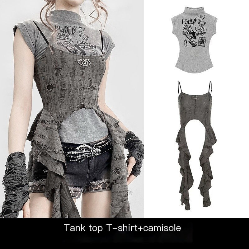 REDDACHIC_Asymmetrical_Spliced_Cross_Print_Cropped_Cinched_Waist_Women'S_Tank_Tops_MISSTT