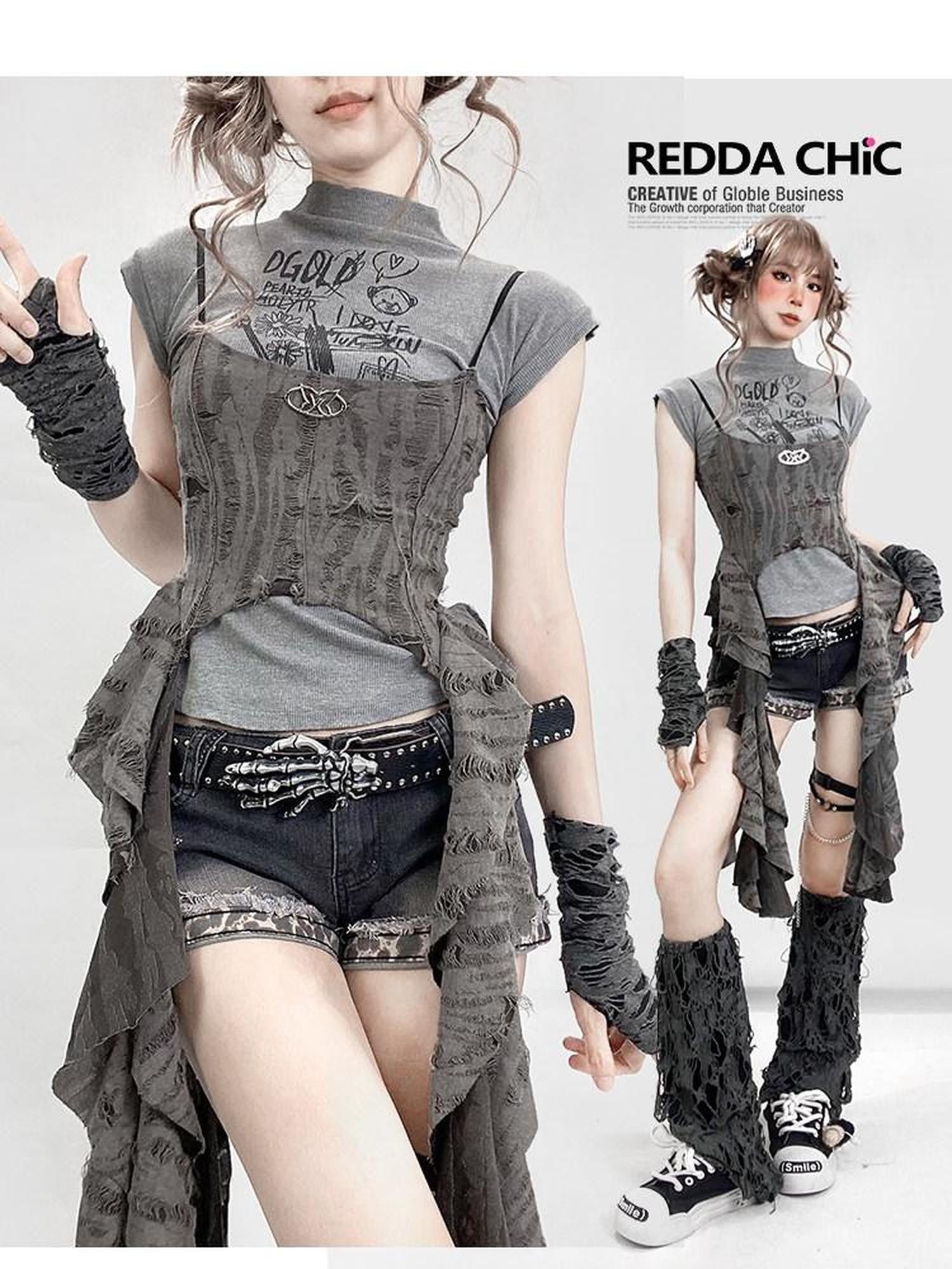 REDDACHIC Asymmetrical Spliced Cross Print Cropped Cinched Waist Women'S Tank Tops