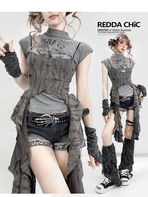 REDDACHIC Asymmetrical Spliced Cross Print Cropped Cinched Waist Women'S Tank Tops