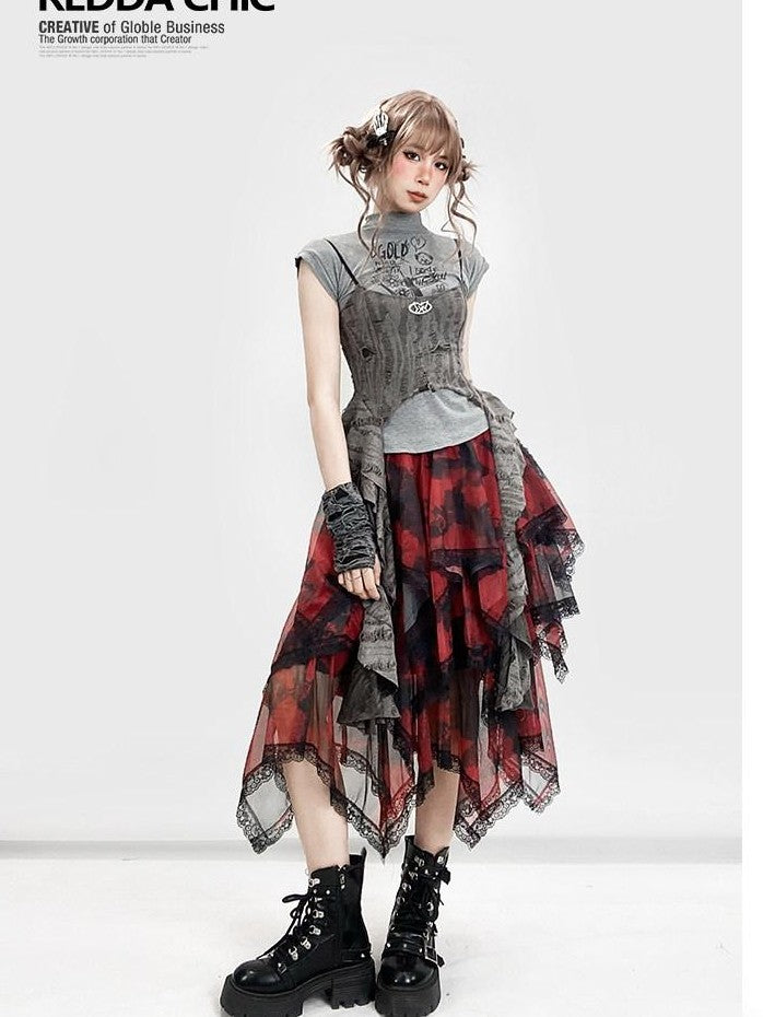 REDDACHIC Asymmetrical Spliced Cross Print Cropped Cinched Waist Women'S Tank Tops