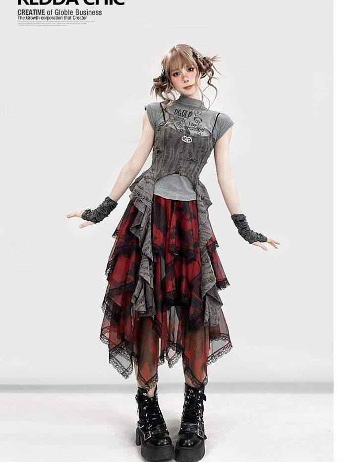 REDDACHIC Asymmetrical Spliced Cross Print Cropped Cinched Waist Women'S Tank Tops