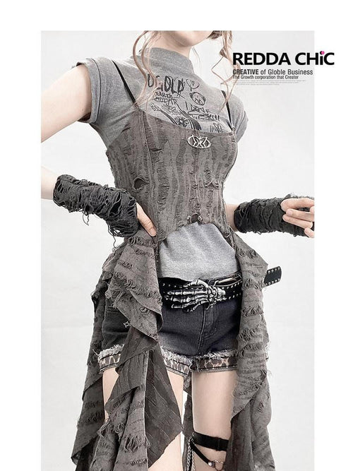 REDDACHIC Asymmetrical Spliced Cross Print Cropped Cinched Waist Women'S Tank Tops