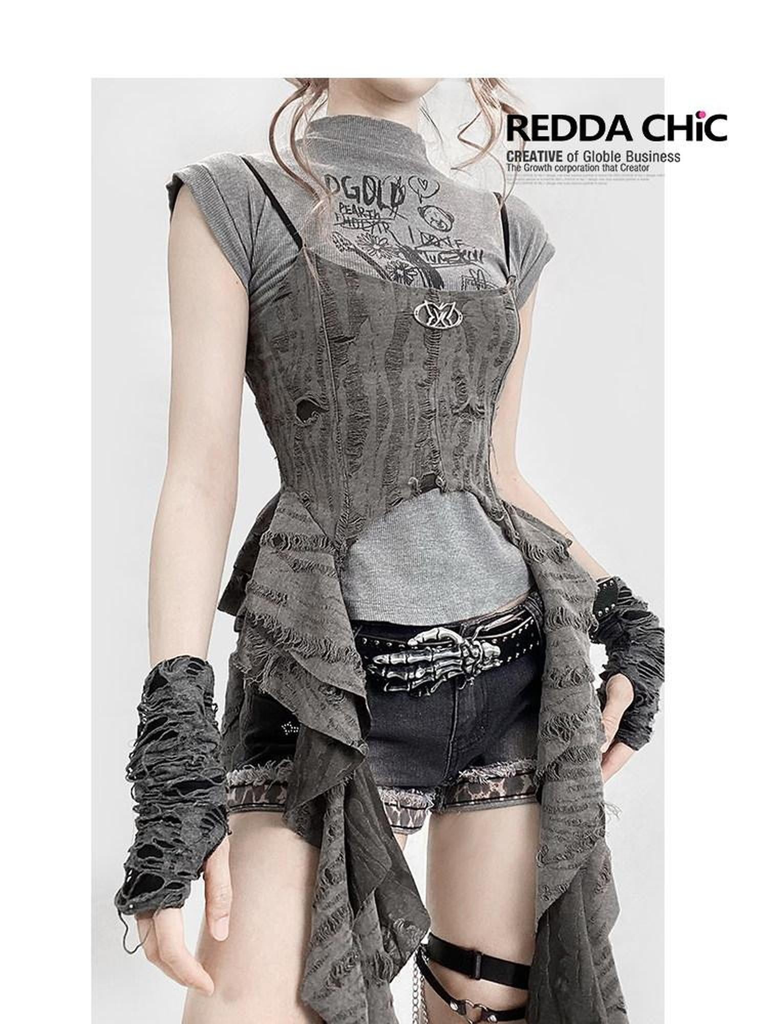 REDDACHIC Asymmetrical Spliced Cross Print Cropped Cinched Waist Women'S Tank Tops