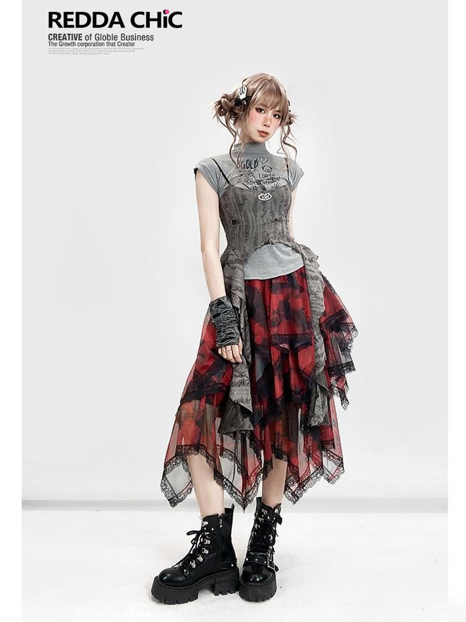 REDDACHIC Asymmetrical Spliced Cross Print Cropped Cinched Waist Women'S Tank Tops
