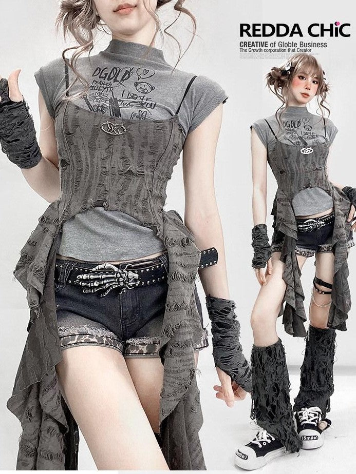 REDDACHIC Asymmetrical Spliced Cross Print Cropped Cinched Waist Women'S Tank Tops
