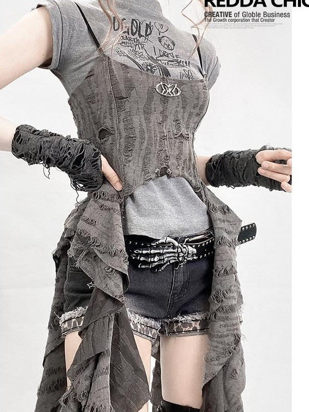 REDDACHIC Asymmetrical Spliced Cross Print Cropped Cinched Waist Women'S Tank Tops