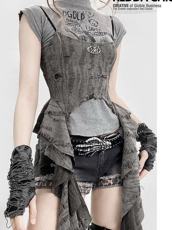 REDDACHIC Asymmetrical Spliced Cross Print Cropped Cinched Waist Women'S Tank Tops