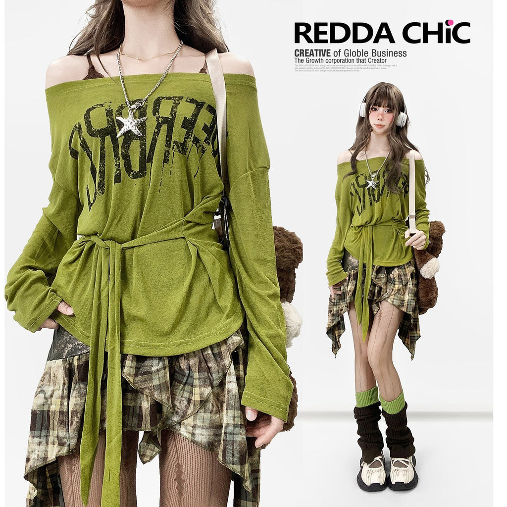 REDDACHIC_Avocado_Green_Cross_Print_Off_Shoulder_Bell_Sleeve_Women'S_Long_Sleeve_T-Shirts_MISSTT