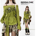 REDDACHIC_Avocado_Green_Cross_Print_Off_Shoulder_Bell_Sleeve_Women'S_Long_Sleeve_T-Shirts_MISSTT