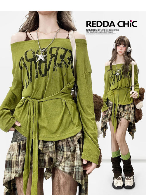 REDDACHIC Avocado Green Cross Print Off Shoulder Bell Sleeve Women'S Long Sleeve T-Shirts