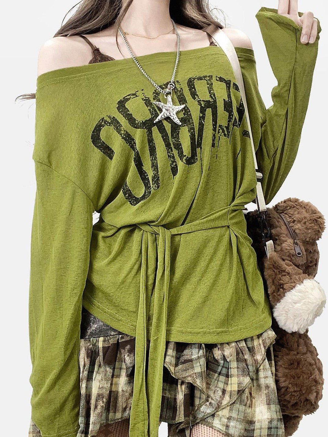 REDDACHIC Avocado Green Cross Print Off Shoulder Bell Sleeve Women'S Long Sleeve T-Shirts