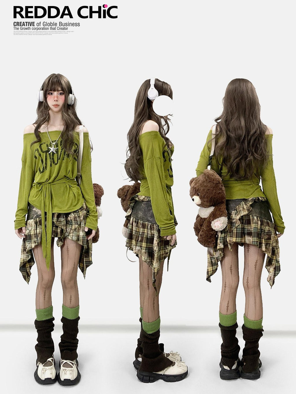 REDDACHIC Avocado Green Cross Print Off Shoulder Bell Sleeve Women'S Long Sleeve T-Shirts