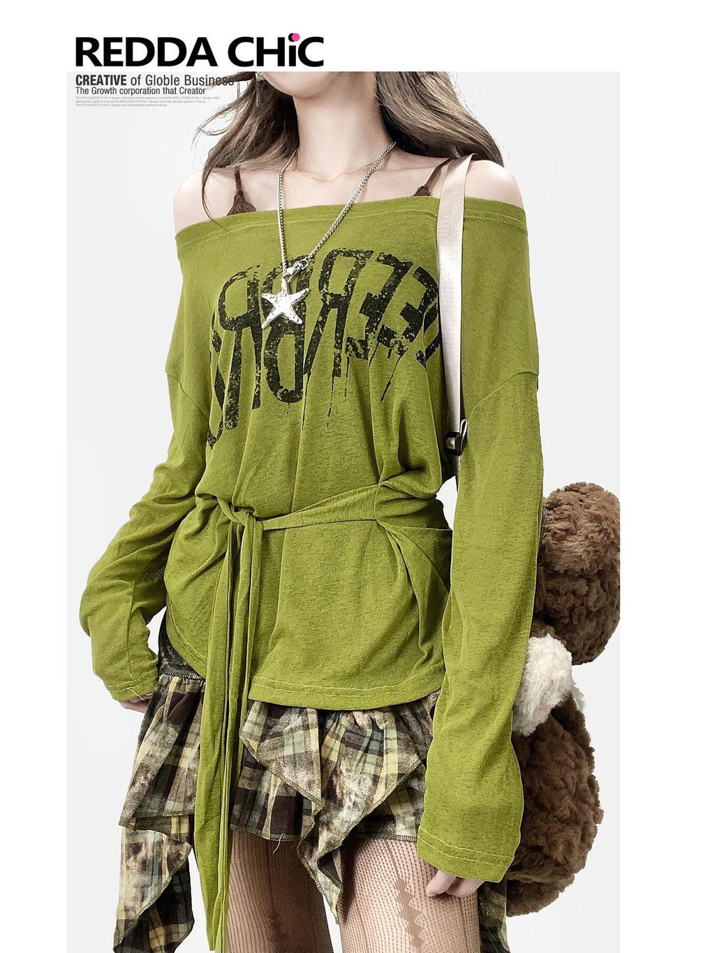 REDDACHIC Avocado Green Cross Print Off Shoulder Bell Sleeve Women'S Long Sleeve T-Shirts