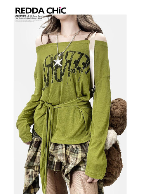 REDDACHIC Avocado Green Cross Print Off Shoulder Bell Sleeve Women'S Long Sleeve T-Shirts