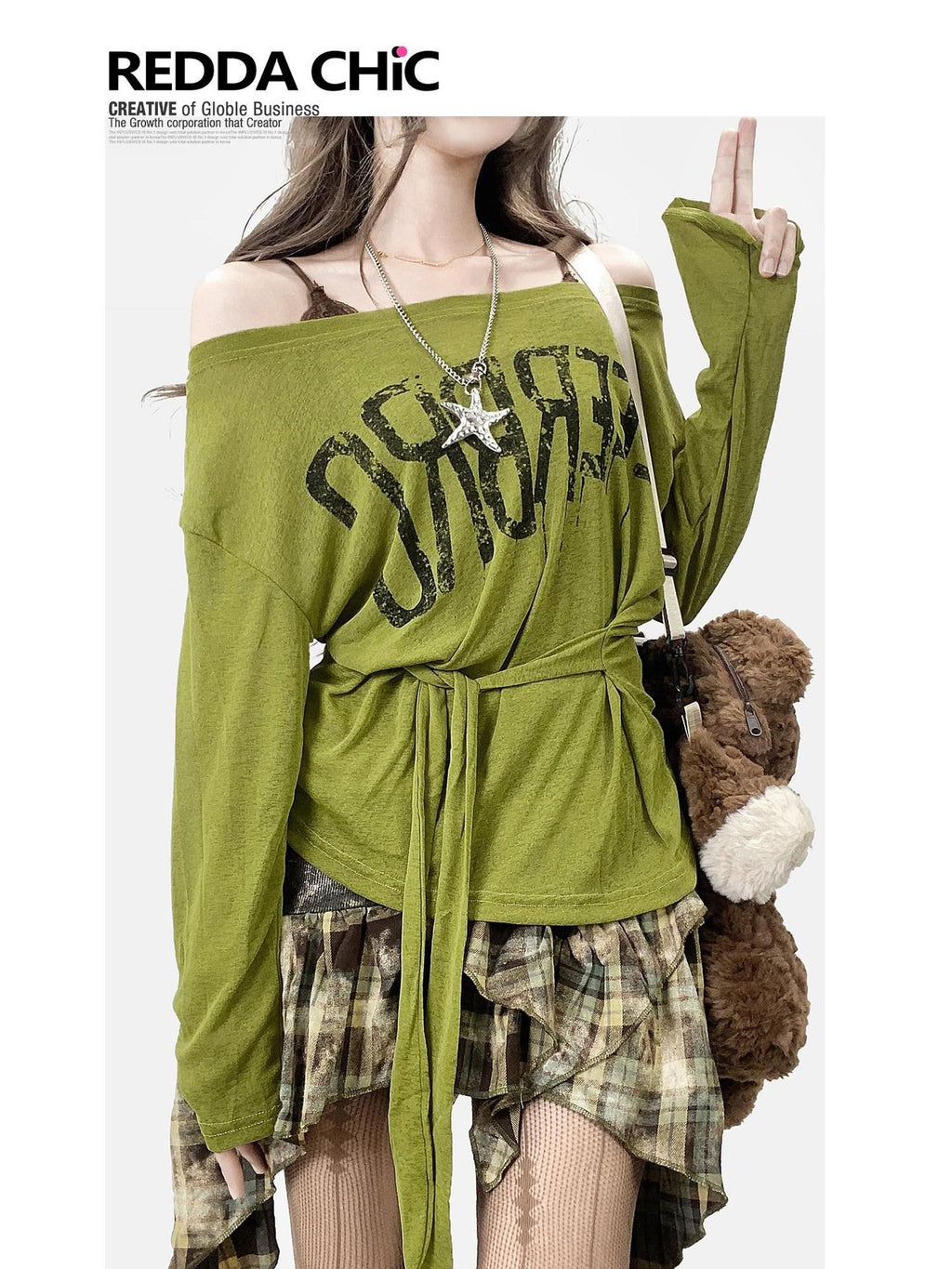 REDDACHIC Avocado Green Cross Print Off Shoulder Bell Sleeve Women'S Long Sleeve T-Shirts