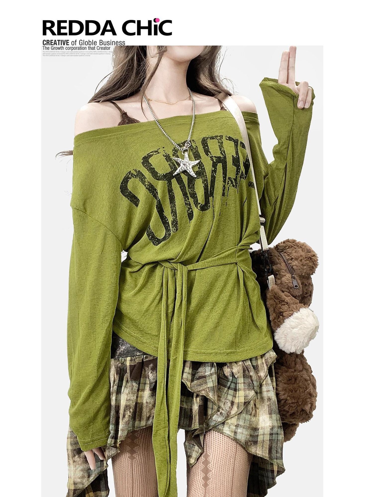 REDDACHIC Avocado Green Cross Print Off Shoulder Bell Sleeve Women'S Long Sleeve T-Shirts