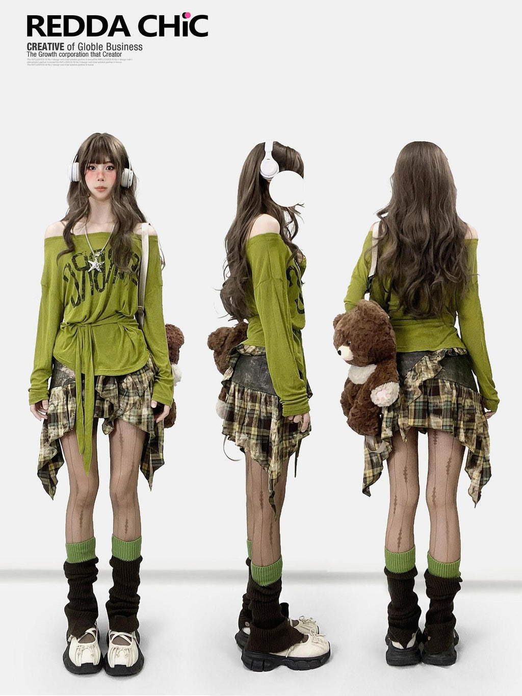 REDDACHIC Avocado Green Cross Print Off Shoulder Bell Sleeve Women'S Long Sleeve T-Shirts