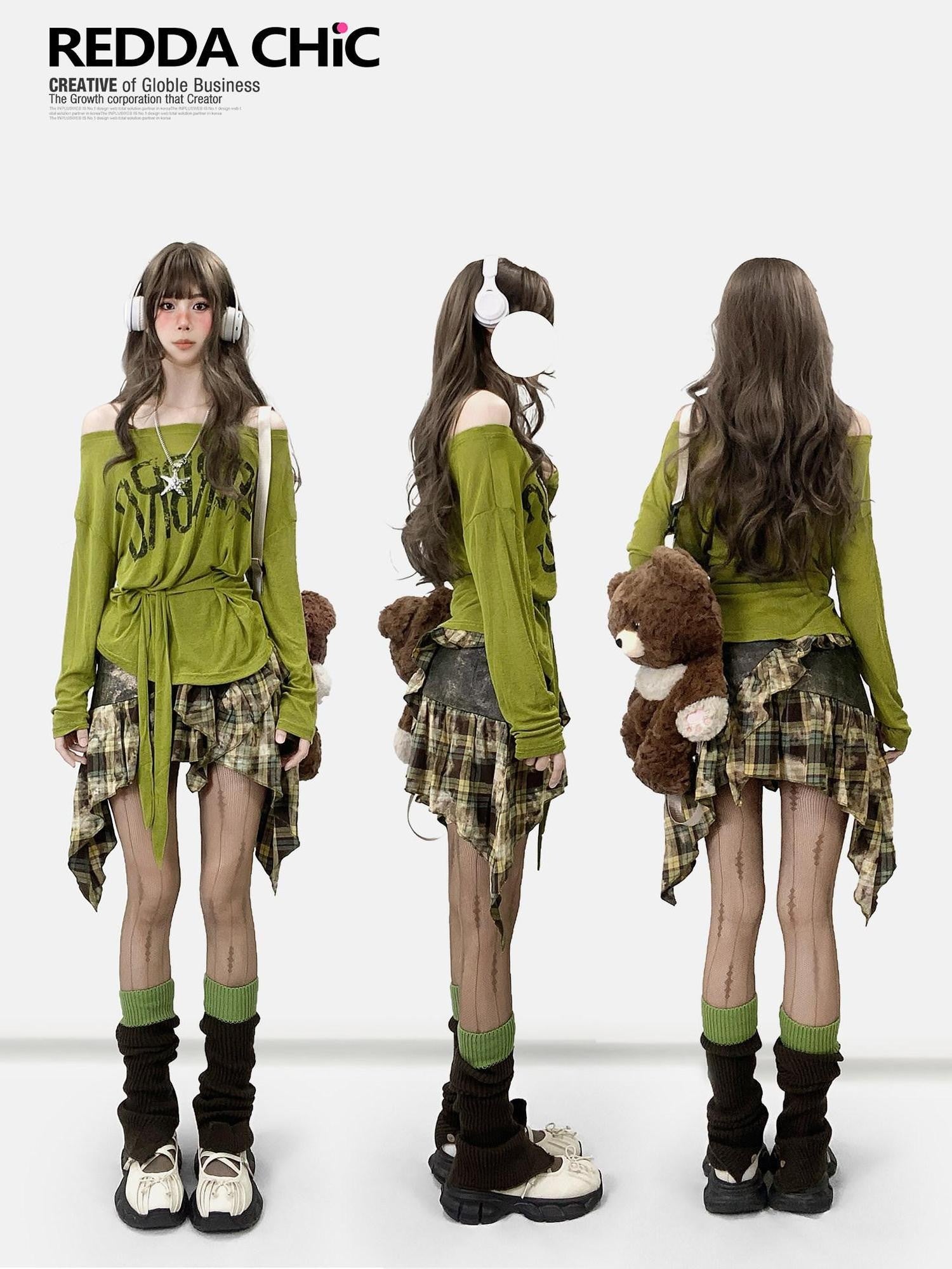 REDDACHIC Avocado Green Cross Print Off Shoulder Bell Sleeve Women'S Long Sleeve T-Shirts