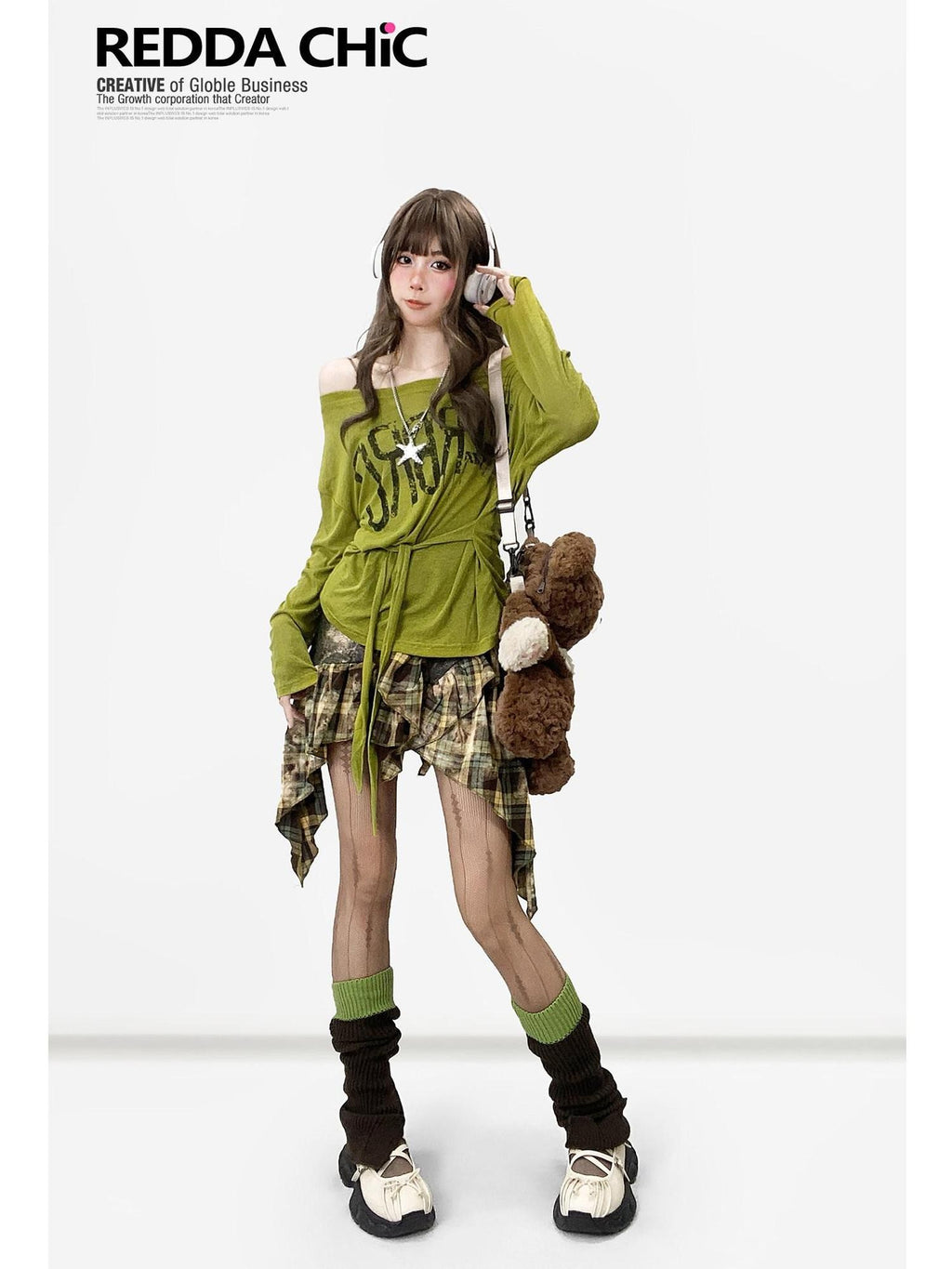 REDDACHIC Avocado Green Cross Print Off Shoulder Bell Sleeve Women'S Long Sleeve T-Shirts