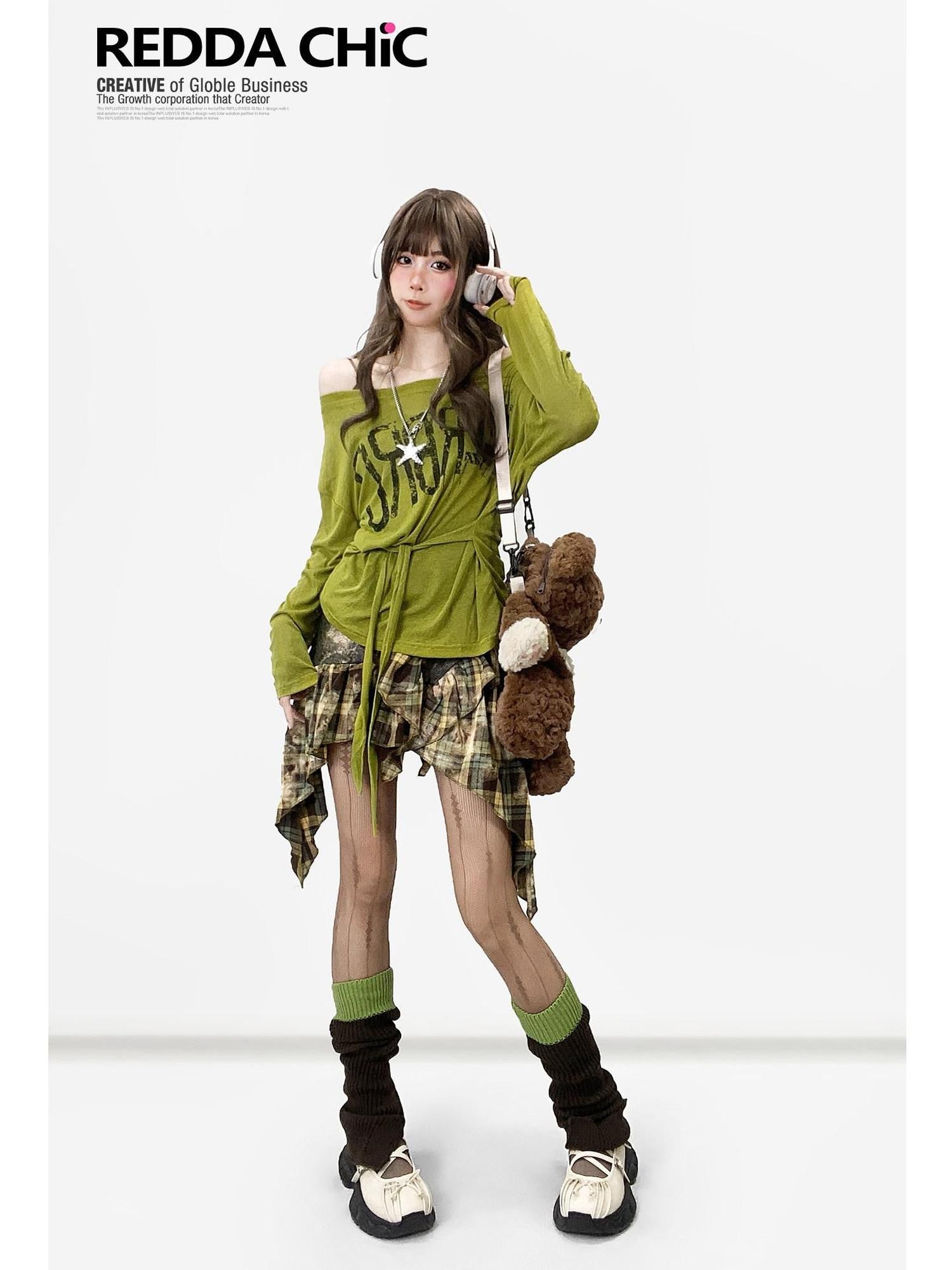 REDDACHIC Avocado Green Cross Print Off Shoulder Bell Sleeve Women'S Long Sleeve T-Shirts