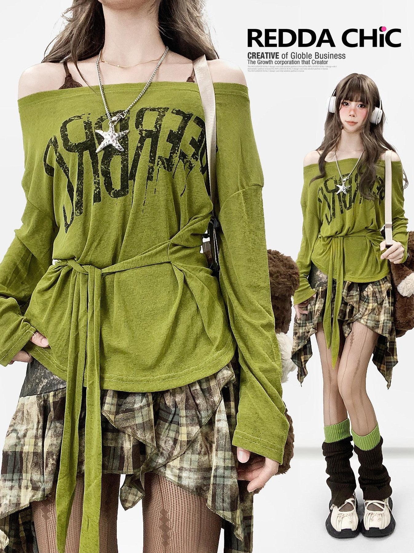 REDDACHIC Avocado Green Cross Print Off Shoulder Bell Sleeve Women'S Long Sleeve T-Shirts