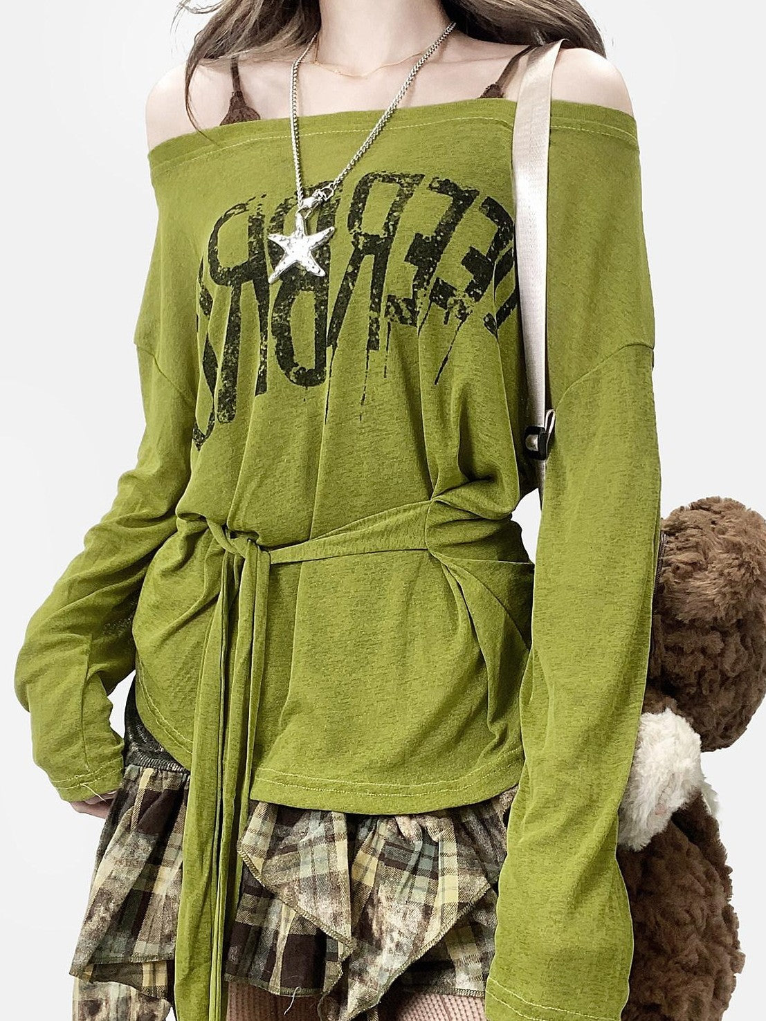 REDDACHIC Avocado Green Cross Print Off Shoulder Bell Sleeve Women'S Long Sleeve T-Shirts