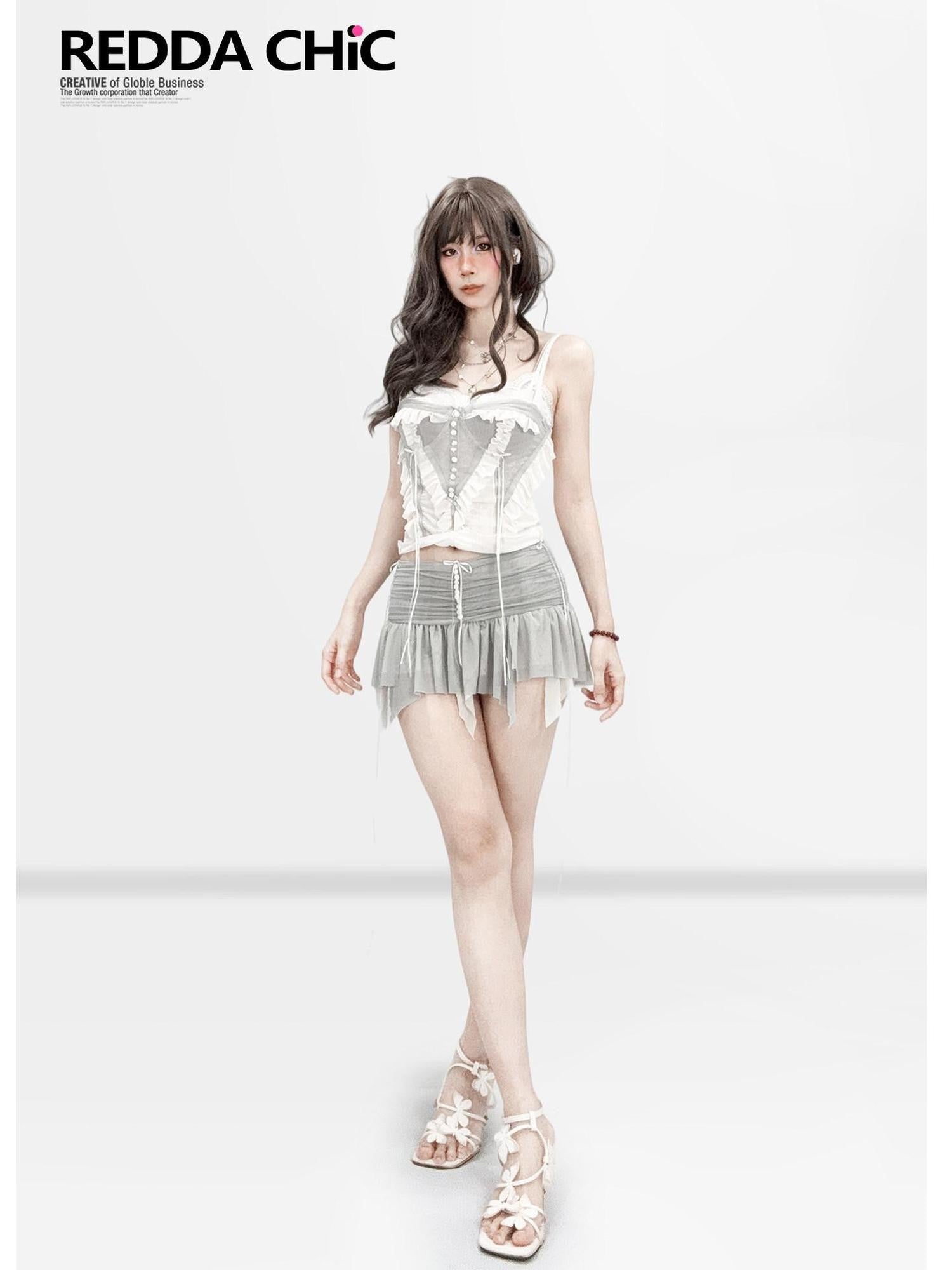 REDDACHIC Ballet Lace Asymmetric Camisole A Line Women'S Polyester Top & Skirt Sets