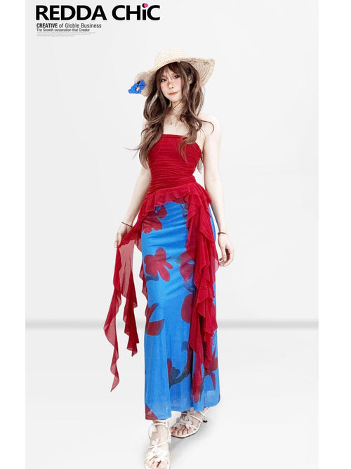 REDDACHIC Beach Asymmetrical Colorblock Printed Strapless Bodycon Women'S Maxi Skirts