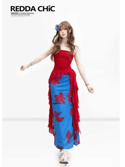 REDDACHIC Beach Asymmetrical Colorblock Printed Strapless Bodycon Women'S Maxi Skirts