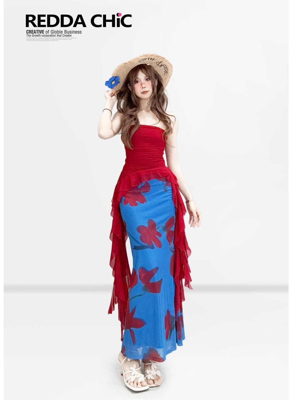 REDDACHIC Beach Asymmetrical Colorblock Printed Strapless Bodycon Women'S Maxi Skirts