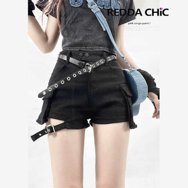 REDDACHIC_Black_American_Workwear_High_Waist_Leg_Strap_Set_Vintage_Women'S_Denim_Shorts_MISSTT