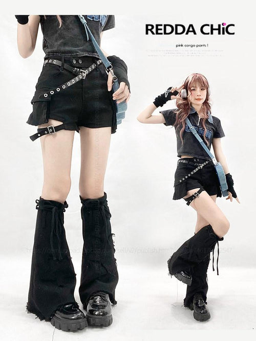 REDDACHIC Black American Workwear High Waist Leg Strap Set Vintage Women'S Denim Shorts