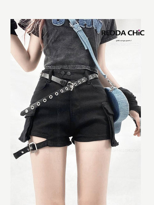 REDDACHIC Black American Workwear High Waist Leg Strap Set Vintage Women'S Denim Shorts