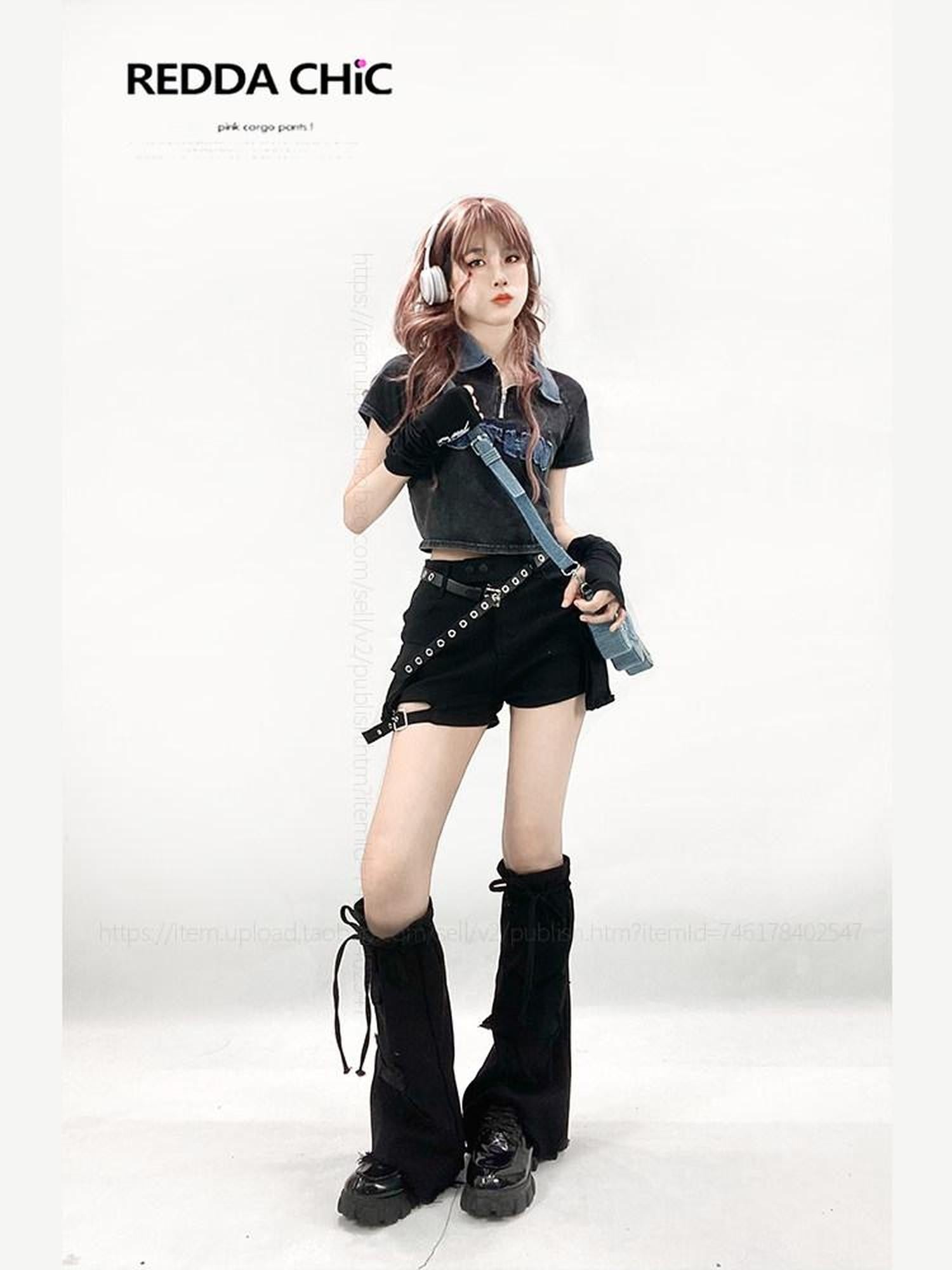 REDDACHIC Black American Workwear High Waist Leg Strap Set Vintage Women'S Denim Shorts