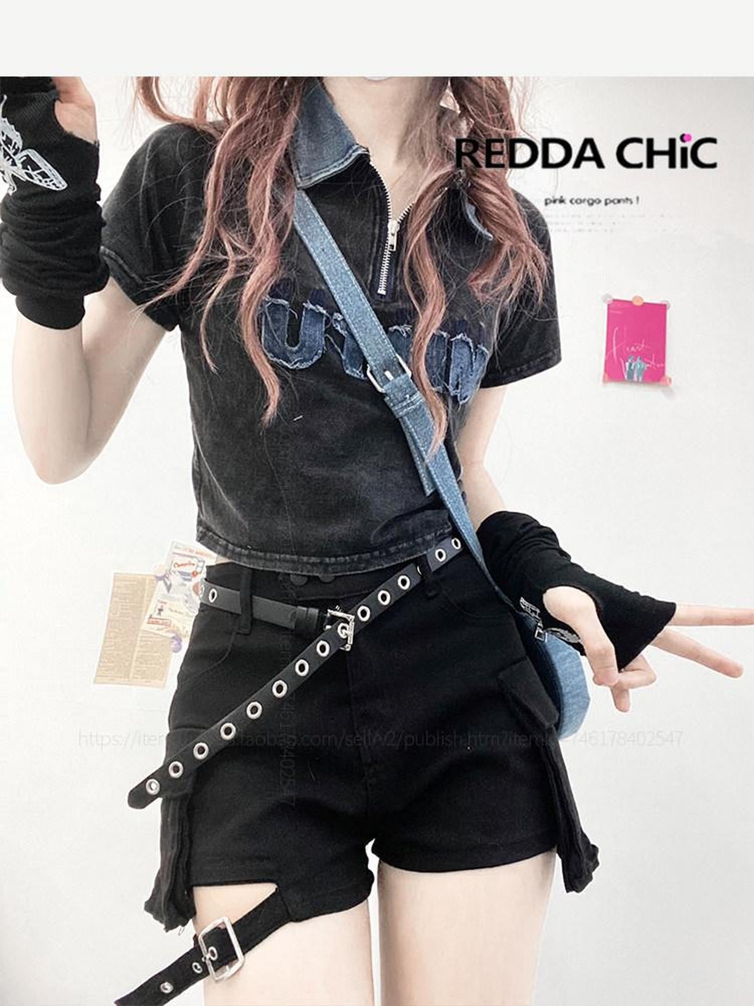 REDDACHIC Black American Workwear High Waist Leg Strap Set Vintage Women'S Denim Shorts