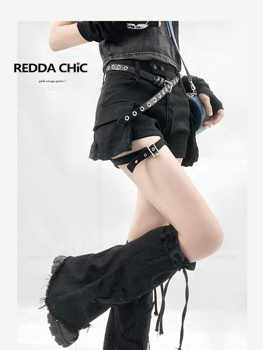 REDDACHIC Black American Workwear High Waist Leg Strap Set Vintage Women'S Denim Shorts