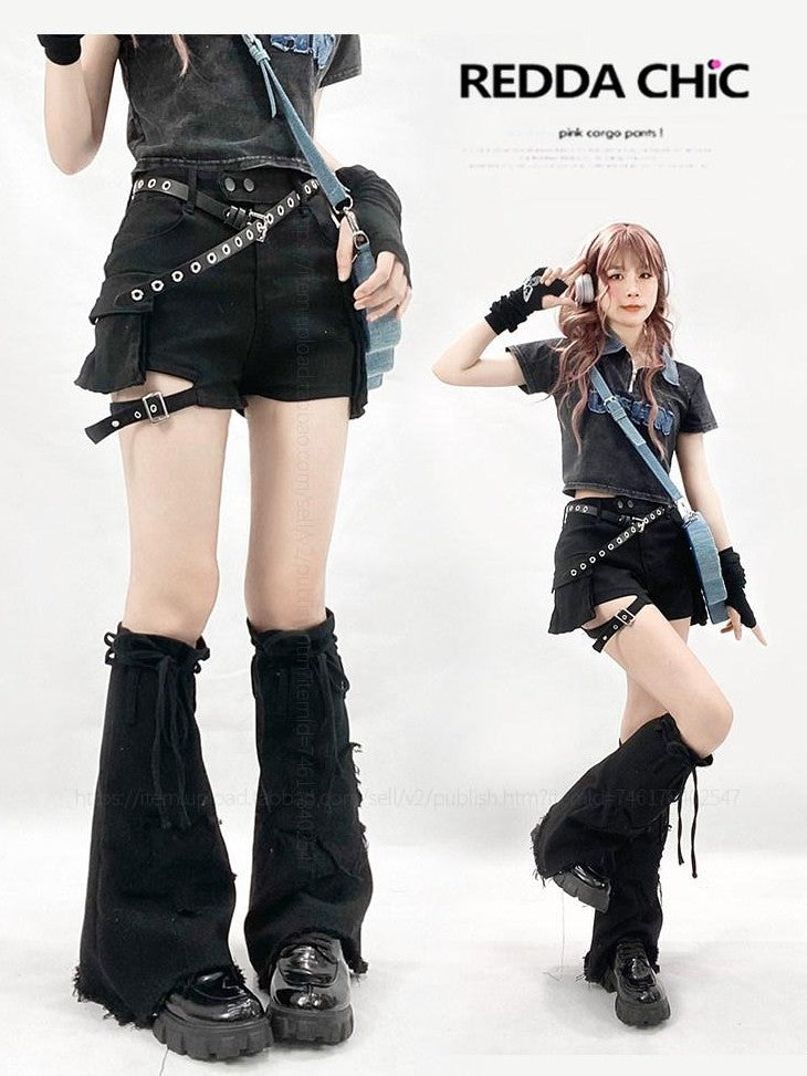 REDDACHIC Black American Workwear High Waist Leg Strap Set Vintage Women'S Denim Shorts