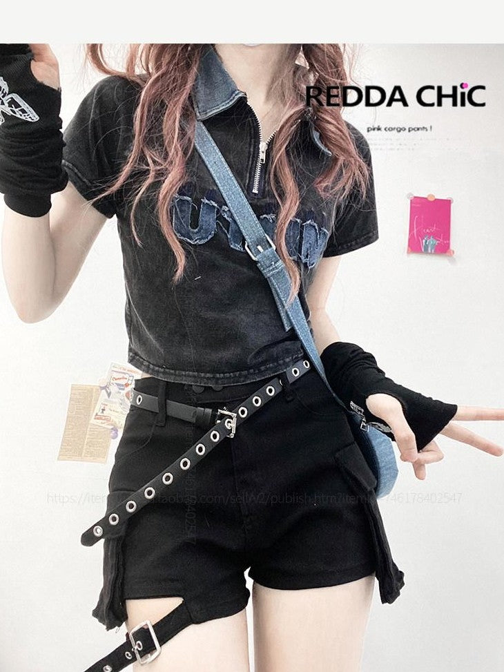 REDDACHIC Black American Workwear High Waist Leg Strap Set Vintage Women'S Denim Shorts